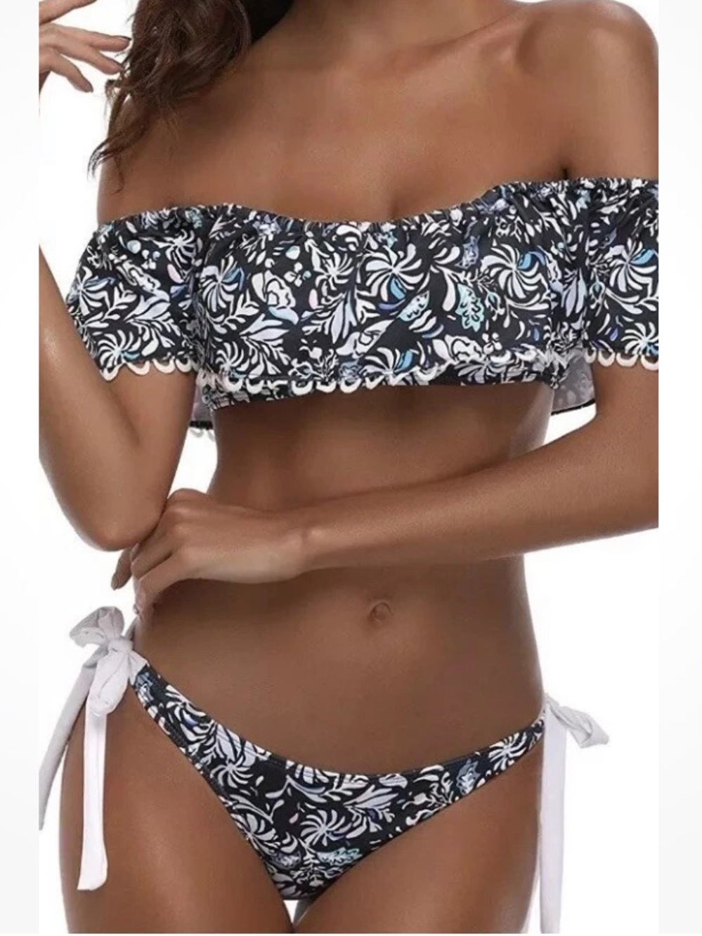 Ruffled Off-Shoulder Floral Bikini Top & Tie-Side Bottoms - Blue & White